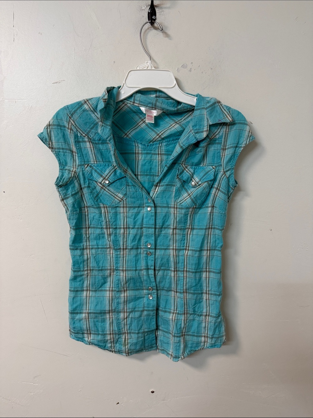 Arizona Jean Company Teal Plaid Cap-Sleeve Button-Down Y2K